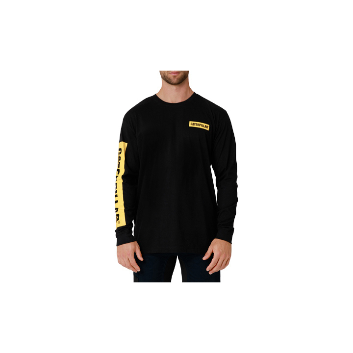 Caterpillar Icon Block Long Sleeve Philippines - Mens T-Shirts - Black/Yellow 03542ZQSR